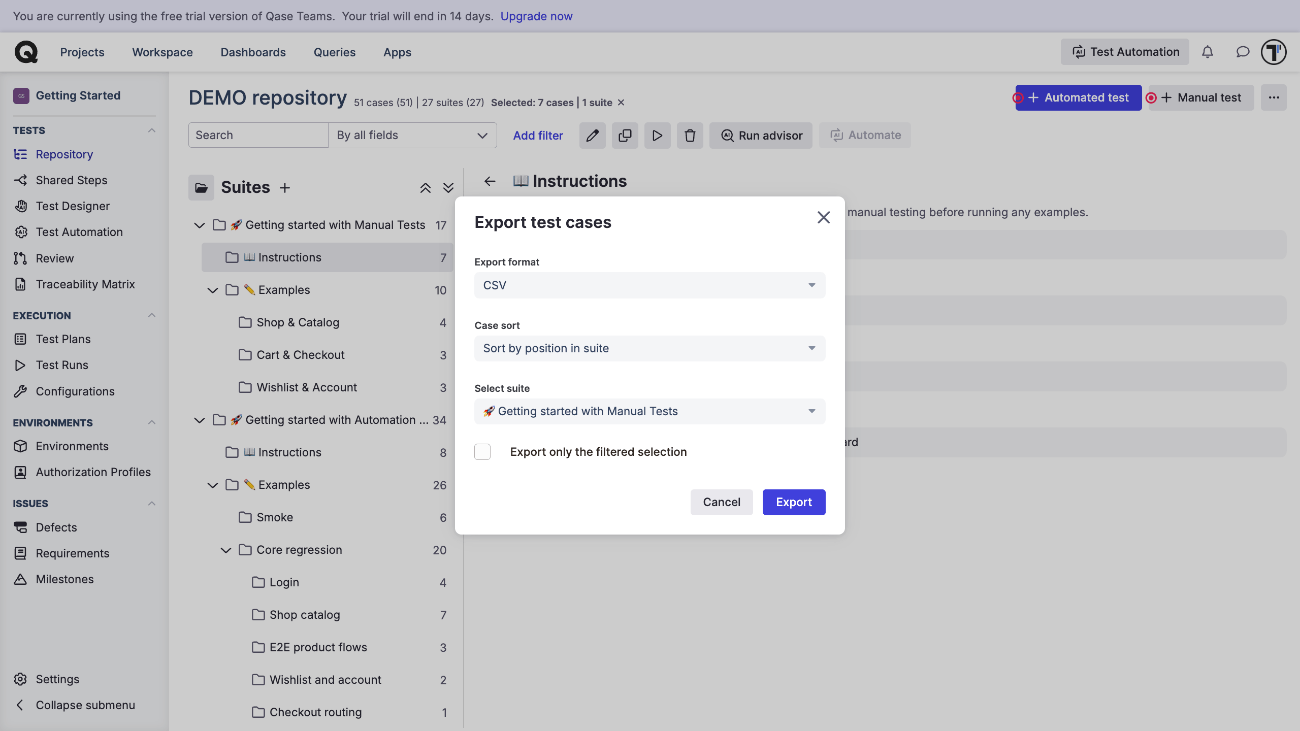 Exporting tests from the Qase project